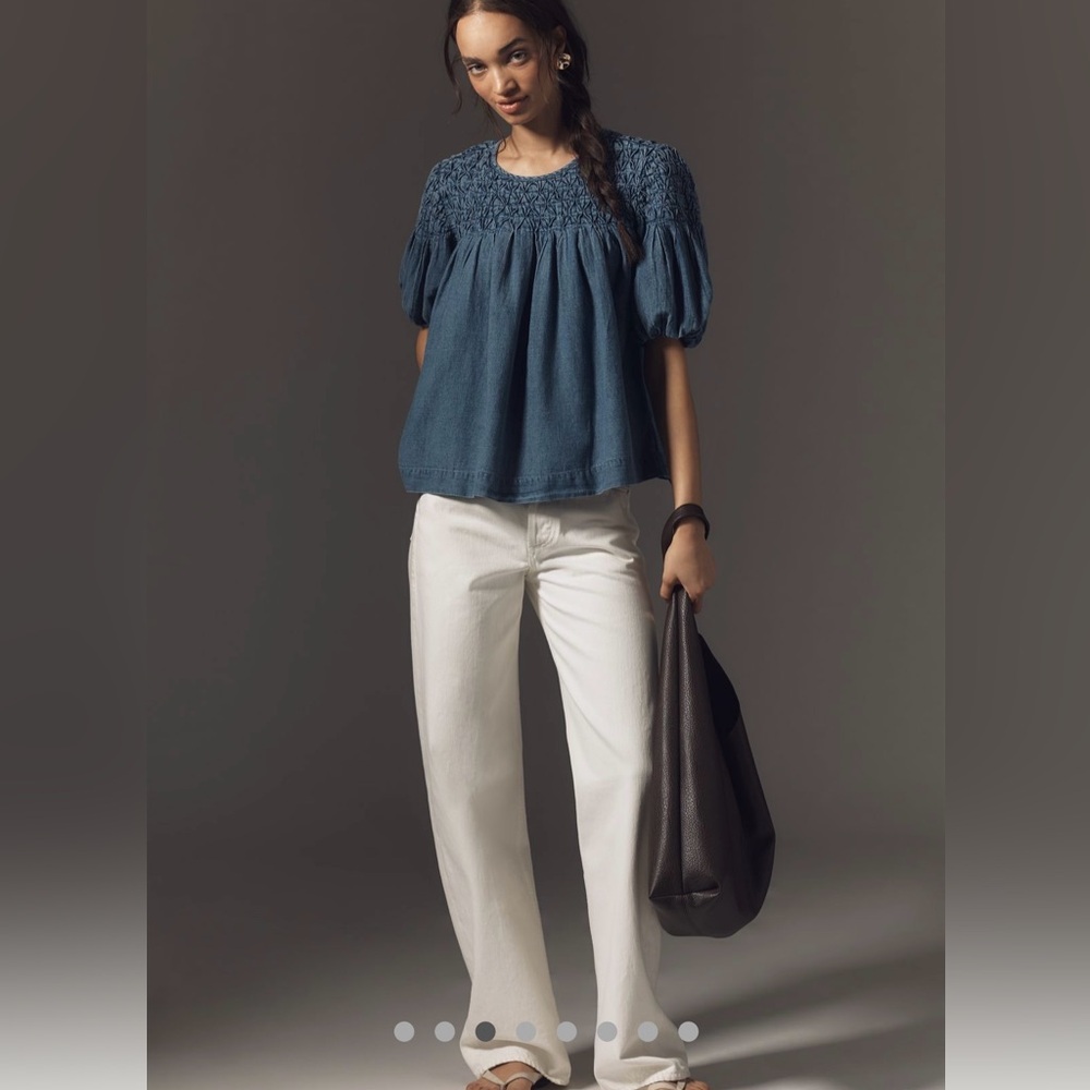 Anthropologie Women's Blue Liza Smocked Top with puff sleeves Large - Picture 5 of 9
